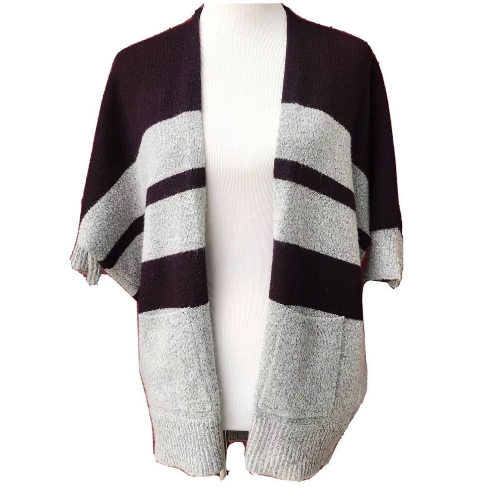 Hannah Cardigan SMALL Purple Gray Color Block Stripe Pocket Open Front Comfort